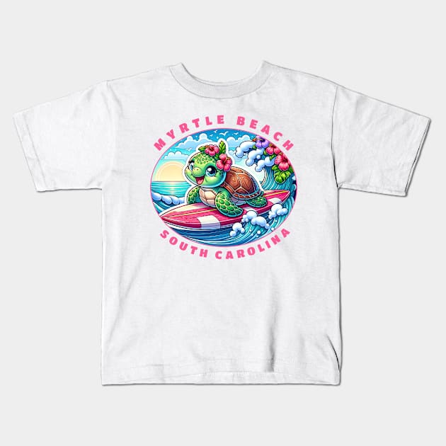 Myrtle Beach South Carolina Girls Cute Surfing Sea Turtle Kids T-Shirt by grendelfly73